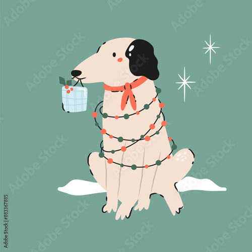 Holiday Christmas card with a funny dog wrapped with garland