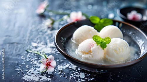 Wallpaper Mural Delicate Ice Cream with Coconut Flakes and Cherry Blossoms on a Dark Slate Background
 Torontodigital.ca