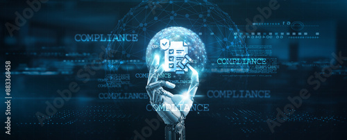 Hands of robot hold compliance documentation, verifying identity, granting access, cybersecurity measures, encryption protocols, and secure authentication technology.