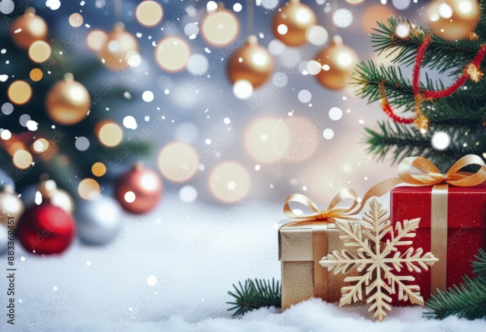 Christmas theme, presents, garlands, close-up. Blurred background. Banner, poster, greeting card. With copy space Christmas theme, presents, garlands, close-up. Blurred background. Banner, poster, greeting card. With copy space