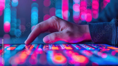 A hand interacting with a vibrant digital interface, featuring neon code displays and futuristic technology concepts.
