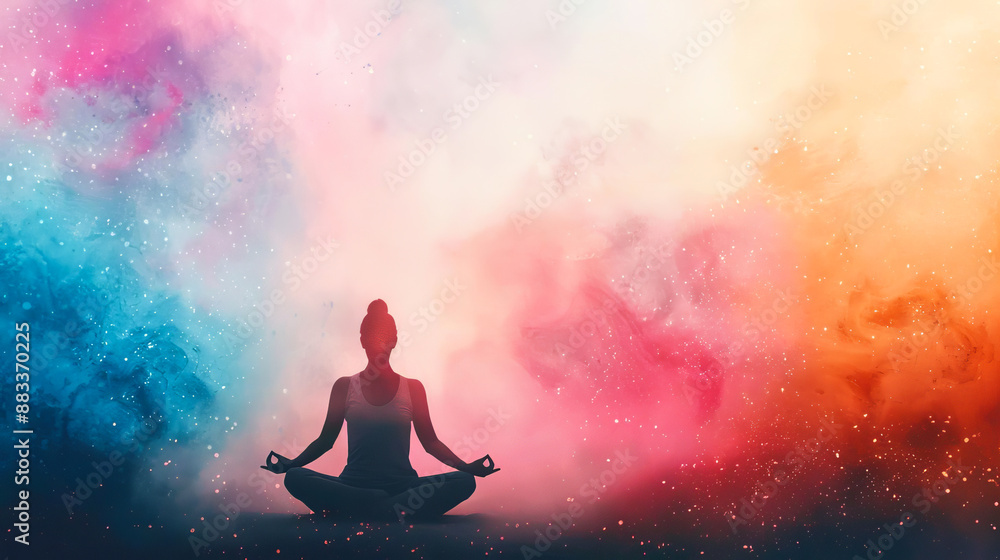 Silhouette of a person meditating against a vibrant, colorful background representing peace, tranquility, and inner balance. Silhouette of a person meditating against a vibrant, colorful background representing peace, tranquility, and inner balance.