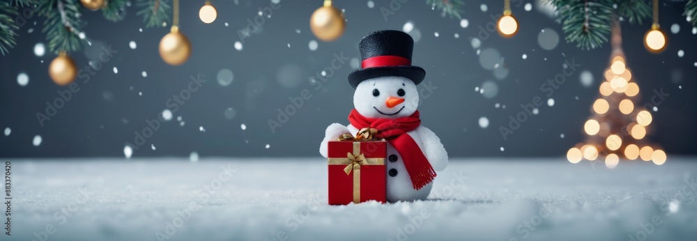 Miniature snowman with a hat and scarf. New Year's background. Christmas. Holiday. New Year. Banner, poster, background. Close-up Miniature snowman with a hat and scarf. New Year's background. Christmas. Holiday. New Year. Banner, poster, background. Close-up