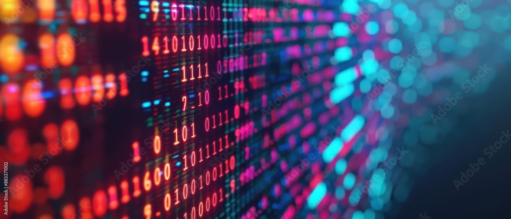 Colorful digital binary data code on a screen, representing technology and programming concepts with vibrant lights and bokeh effects. Colorful digital binary data code on a screen, representing technology and programming concepts with vibrant lights and bokeh effects.