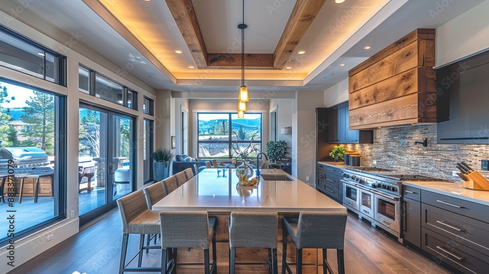 A modern interior kitchen design featuring a spacious island with seating, contemporary lighting, wooden accents, and large windows overlooking an outdoor patio