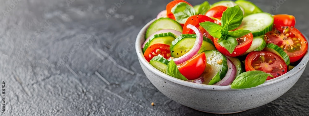 A table tops a white bowl filled with cucumbers, tomatoes, onions, and lettuce A table tops a white bowl filled with cucumbers, tomatoes, onions, and lettuce