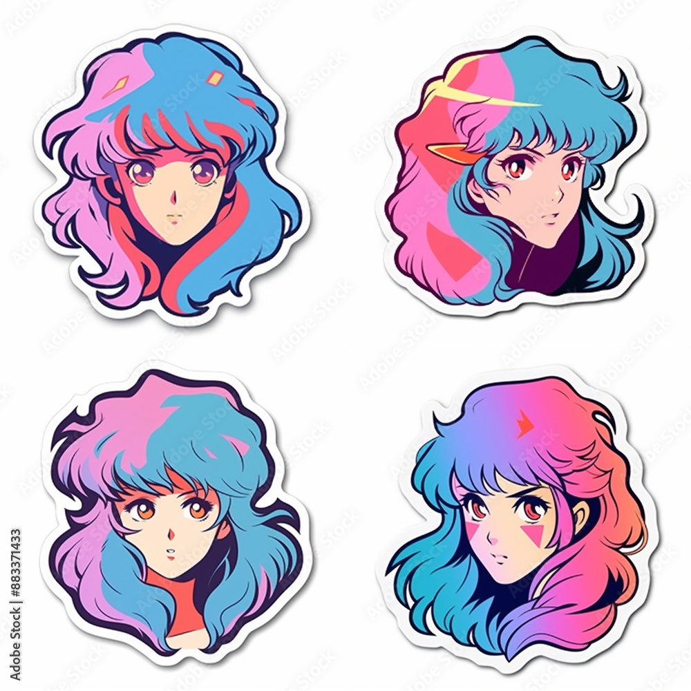 Set of female characters in retro anime style with brightly colored hair. Set of cute cartoon girls. Set of female characters in retro anime style with brightly colored hair. Set of cute cartoon girls.