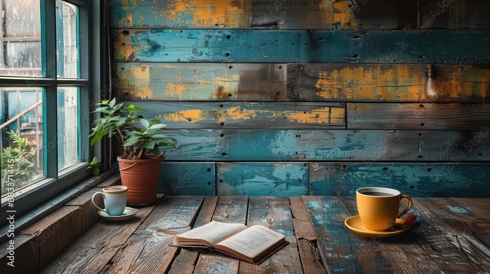 A peaceful scene featuring an open book on a wooden table, accompanied by a coffee cup and plant, set beside a sunlit window with a colorful wooden wall A peaceful scene featuring an open book on a wooden table, accompanied by a coffee cup and plant, set beside a sunlit window with a colorful wooden wall