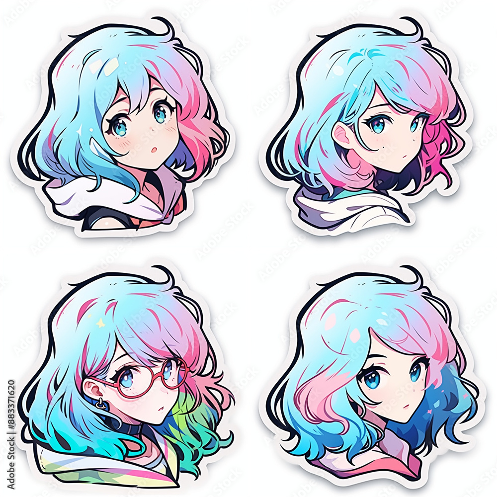 Set of cute blonde blue-eyed anime girls on a white bakground. Collection of illustrations for stickers, patches, pins. Set of cute blonde blue-eyed anime girls on a white bakground. Collection of illustrations for stickers, patches, pins.