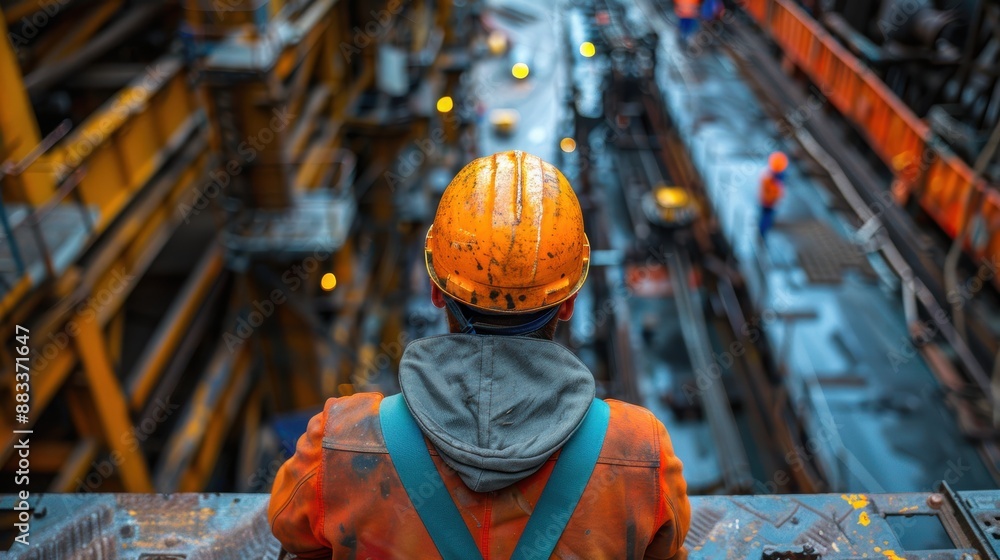 Worker with an orange hardhat on a construction site, overlooking a bustling industrial environment filled with equipment and other professionals, focused on building infrastructure Worker with an orange hardhat on a construction site, overlooking a bustling industrial environment filled with equipment and other professionals, focused on building infrastructure