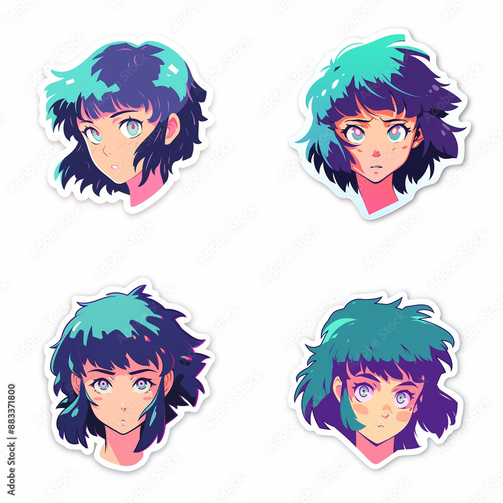 Set of cute green-haired anime girls on a white bakground. Collection of illustrations for stickers, patches, pins.
Set of cute green-haired anime girls on a white bakground. Collection of illustrations for stickers, patches, pins.
