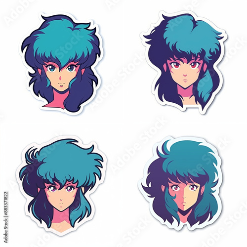 Set of cute green-haired anime girls on a white bakground. Collection of illustrations for stickers, patches, pins.