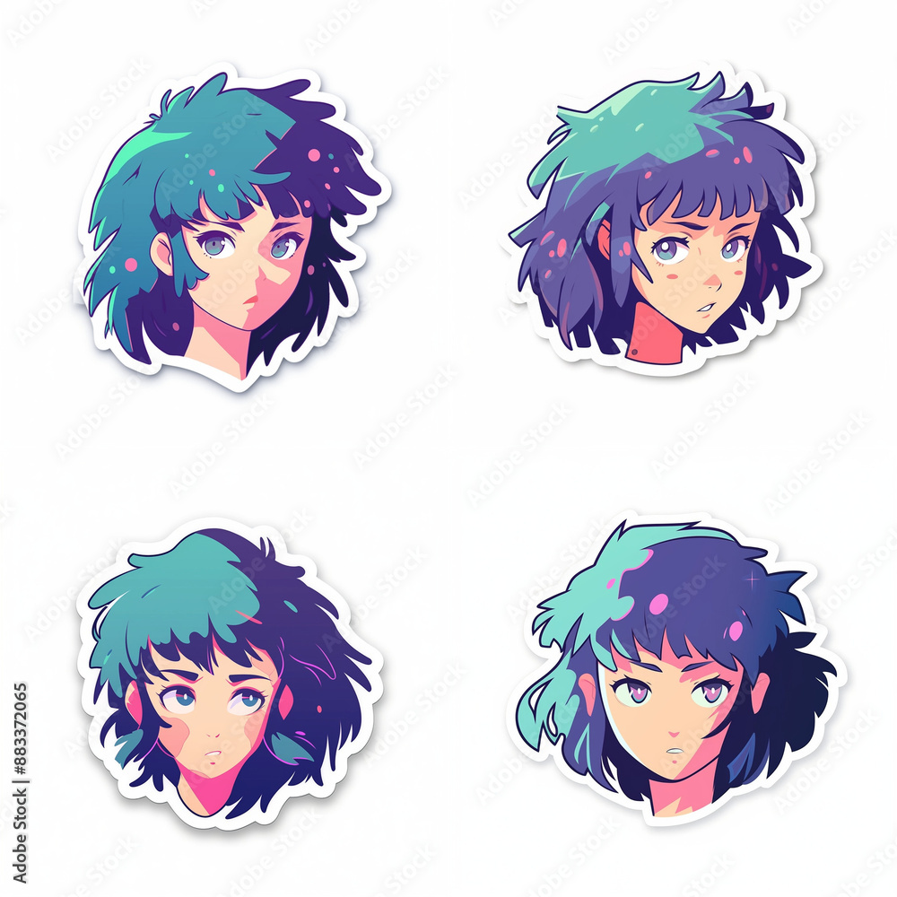 Set of cute green-haired anime girls on a white bakground. Collection of illustrations for stickers, patches, pins.
Set of cute green-haired anime girls on a white bakground. Collection of illustrations for stickers, patches, pins.