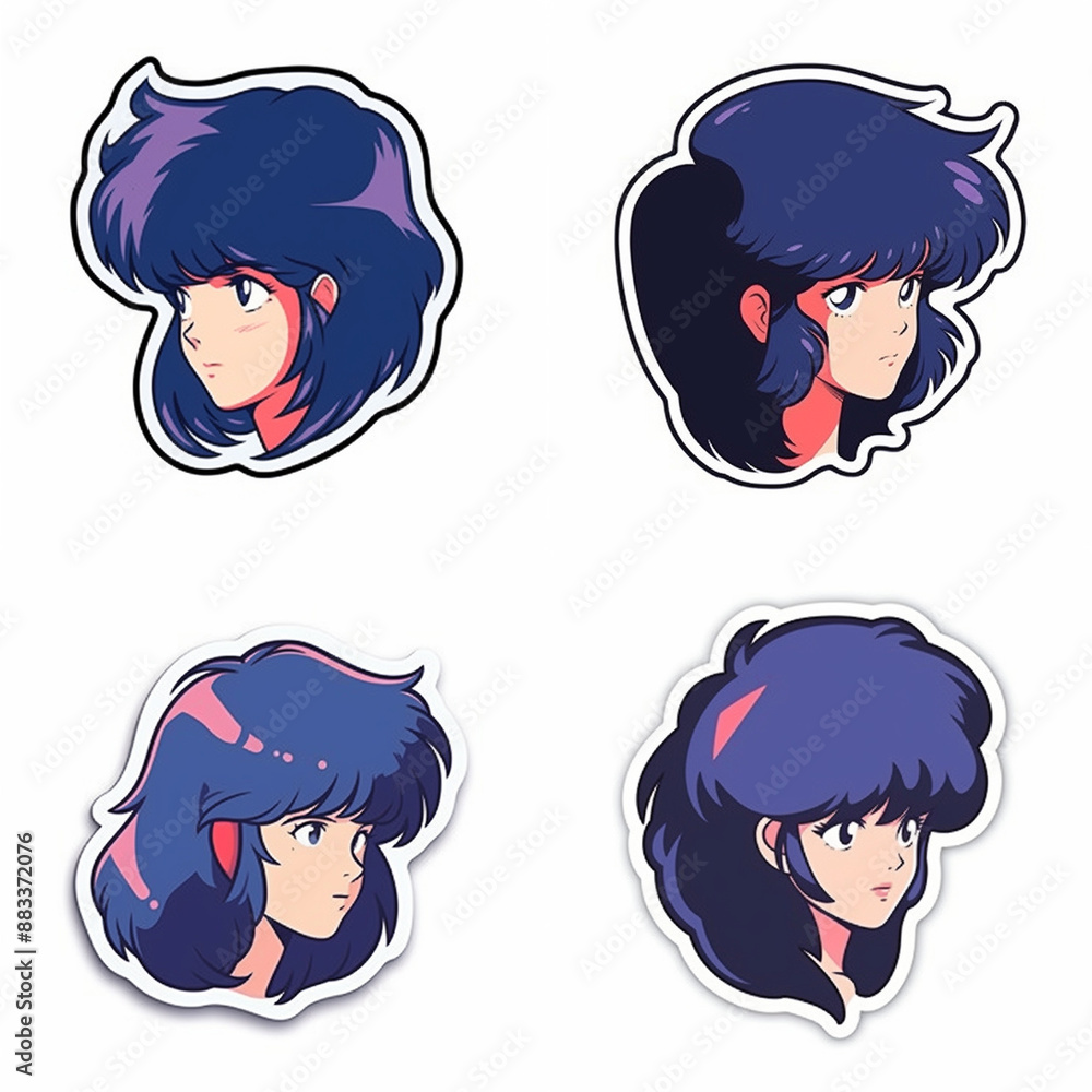 Set of dark-haired retro anime girls on a white bakground. Collection of illustrations for stickers, patches, pins.