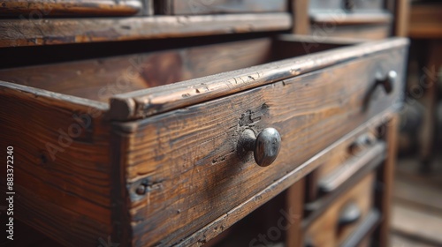 A rustic wooden drawer slightly open, showcasing its weathered and textured surface, highlighting the craftsmanship and vintage style of the furniture piece in a cozy home setting