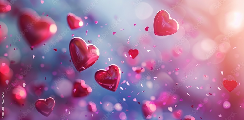 Floating red hearts with confetti on blurred background with bokeh. Bright atmosphere of love and romance. Ideal for Valentines Day, wedding design or romantic celebration Floating red hearts with confetti on blurred background with bokeh. Bright atmosphere of love and romance. Ideal for Valentines Day, wedding design or romantic celebration