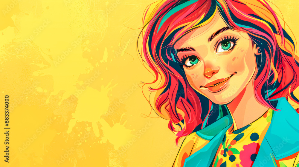 Young woman smiling with colorful hair on yellow background Young woman smiling with colorful hair on yellow background