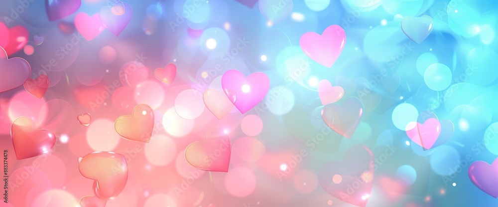 Pink and blue hearts floating on glowing bokeh background. A romantic sparkling image with soft gradient perfect for Valentines Day cards, wedding invitations or love themed designs Pink and blue hearts floating on glowing bokeh background. A romantic sparkling image with soft gradient perfect for Valentines Day cards, wedding invitations or love themed designs