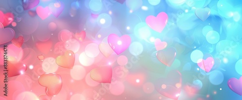 Pink and blue hearts floating on glowing bokeh background. A romantic sparkling image with soft gradient perfect for Valentines Day cards, wedding invitations or love themed designs