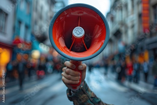 Hand holding a megaphone in a busy urban street, captured during a moment of public speech or protest, with blurred buildings and people in the background reflecting city life photo