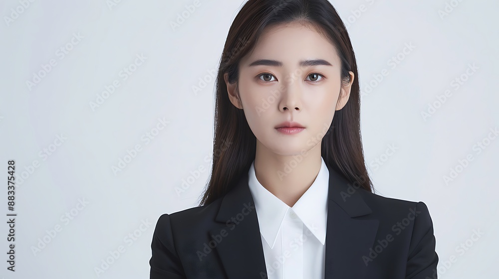 Asian woman with Korean makeup, office suit, straight hair, posing cleanly, white background. 32k, full ultra HD, high resolution Asian woman with Korean makeup, office suit, straight hair, posing cleanly, white background. 32k, full ultra HD, high resolution