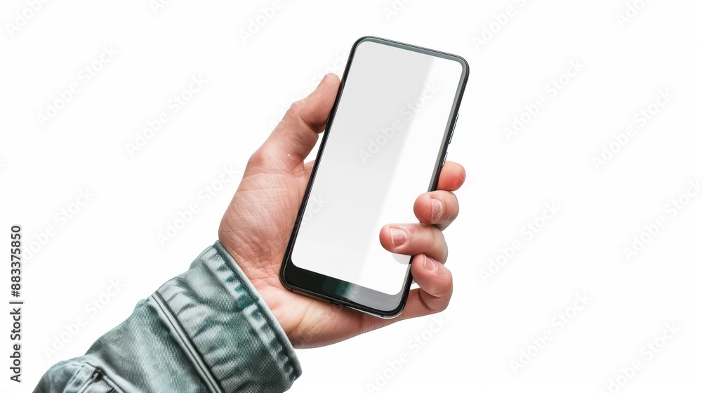 Hand holding a smartphone with a transparent screen, isolated on white background, perfect for business and app mockups Hand holding a smartphone with a transparent screen, isolated on white background, perfect for business and app mockups
