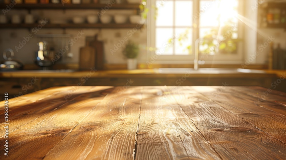 Fototapeta premium Beautiful brown wood kitchen table, defocused bright interior background, sunlight streaming in, product display setup