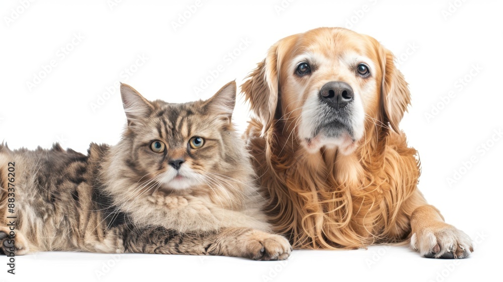 Happy golden retriever and Maine Coon, isolated on white, playful pets, friendly expressions Happy golden retriever and Maine Coon, isolated on white, playful pets, friendly expressions