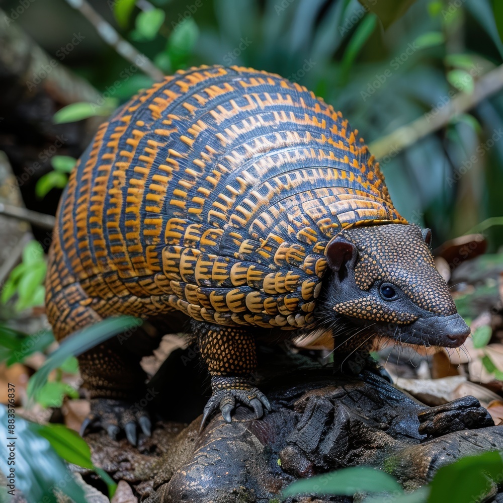 Obraz premium A close-up, detailed photograph of a beautifully patterned armadillo with distinct orange and black scales, amidst a lush, green natural habitat
