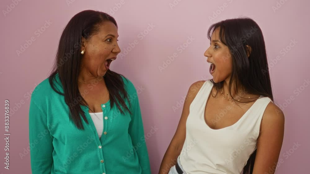 Mature woman and young woman share a joyful moment together against a pink wall, expressing surprise and happiness while standing close in a family setting Mature woman and young woman share a joyful moment together against a pink wall, expressing surprise and happiness while standing close in a family setting
