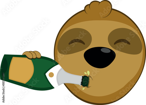 vector illustration face bear sloth character animal cartoon, drinking champagne or cider from the bottle