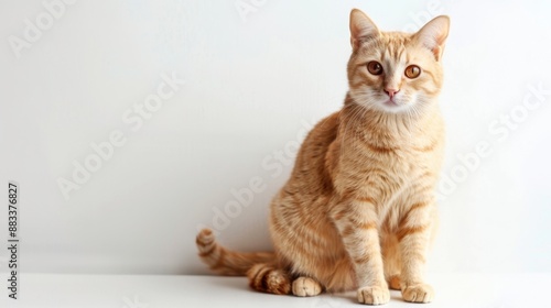 A friendly-faced yellow cat sitting on a white background, showcasing its adorable and inviting expression.