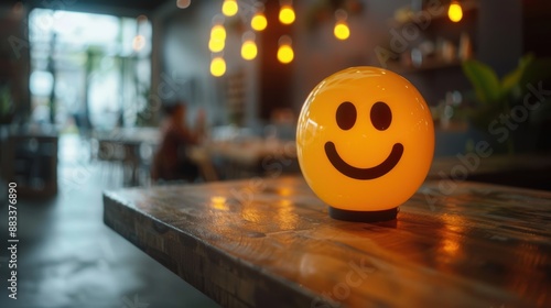 A glowing yellow smiley face lamp placed on a rustic wooden table inside a cozy, warmly lit cafe with blurred background patrons