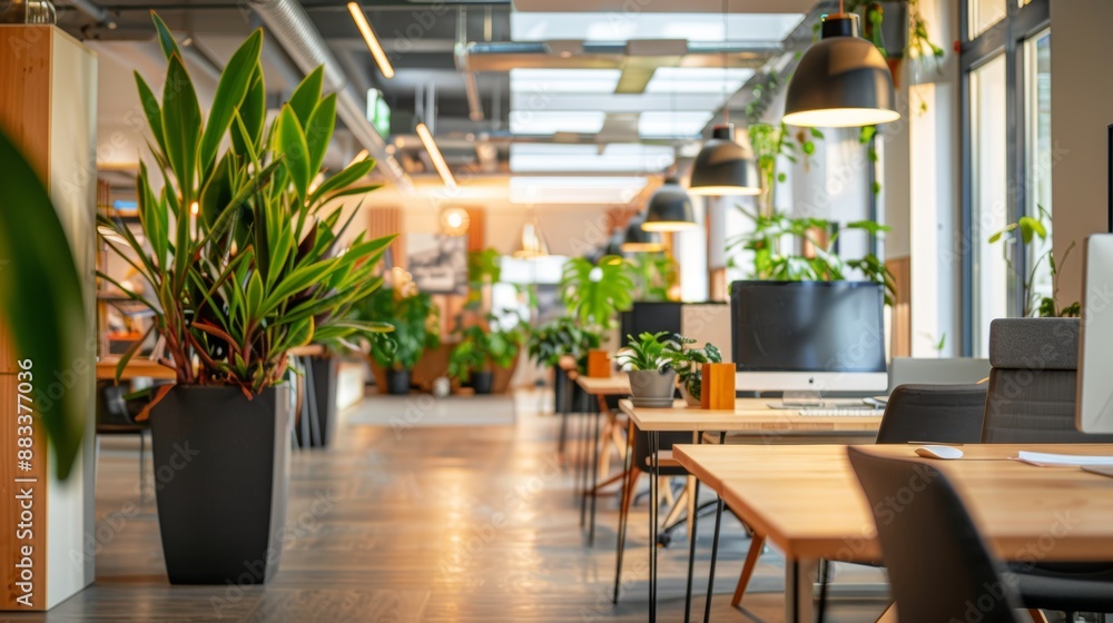 A modern office space featuring open-plan desks with computers, abundant greenery, stylish lighting, and large windows allowing natural daylight to filter in A modern office space featuring open-plan desks with computers, abundant greenery, stylish lighting, and large windows allowing natural daylight to filter in