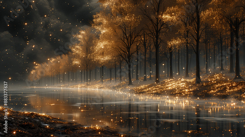 Magical forest landscape featuring trees aglow with golden lights. Sparkling particles fill the air, creating an enchanting and mystical atmosphere. Captivating nature scene, depicting a beautiful for photo