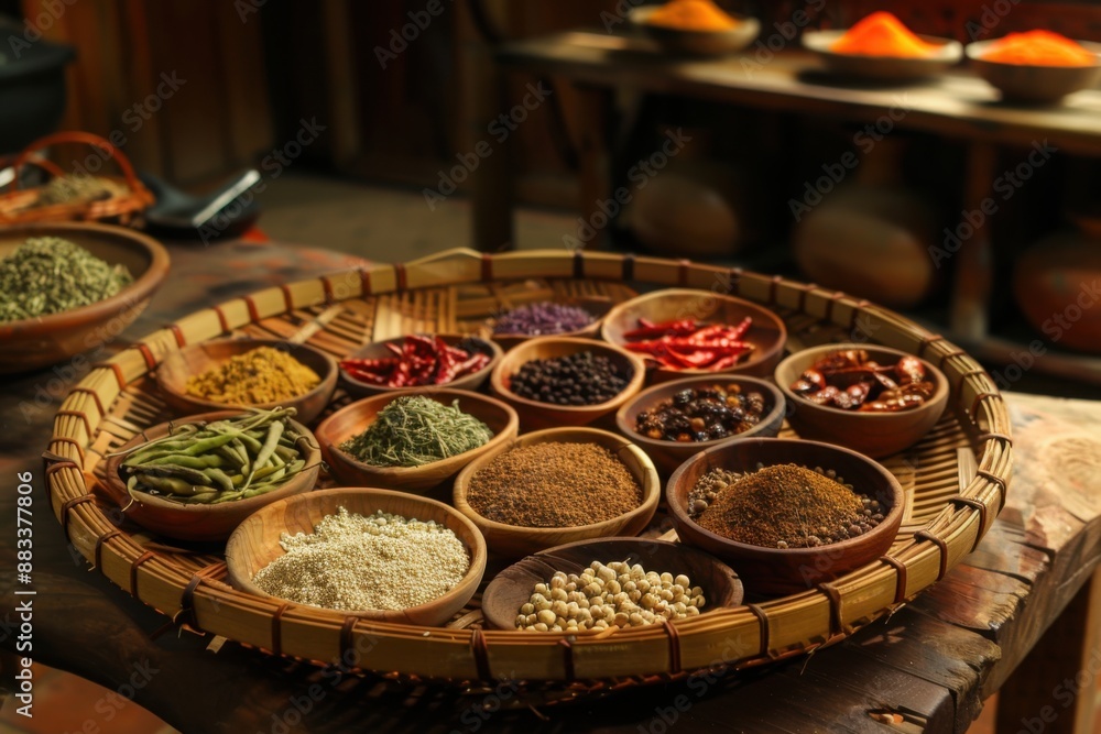 Various spices and legumes in large woven basket Various spices and legumes in large woven basket
