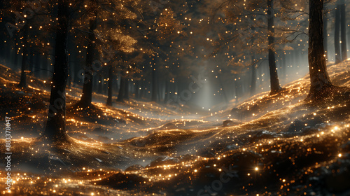  Magical forest landscape with trees illuminated by golden lights. Sparkling particles create an enchanting, mystical atmosphere among the trees. Beautiful nature scene, capturing a magical forest at 