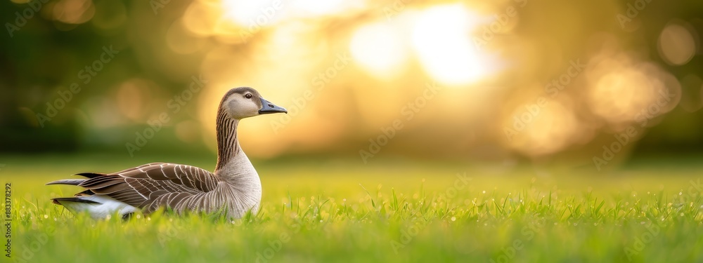 A duck in a grassy field, sun glinting through background trees A duck in a grassy field, sun glinting through background trees