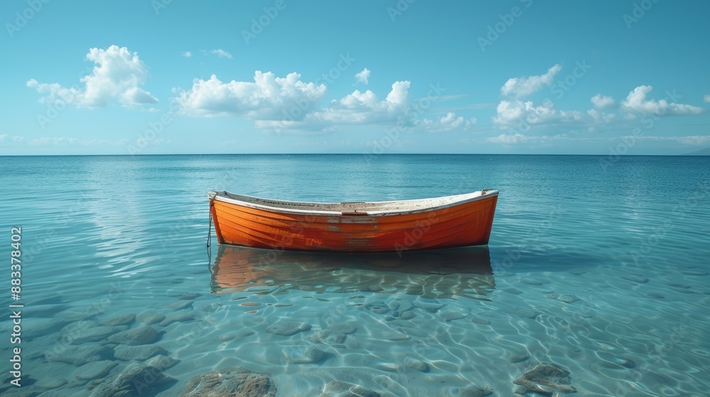 A serene image of a single vibrant orange boat floating calmly in crystal clear blue waters under a bright sky dotted with fluffy clouds