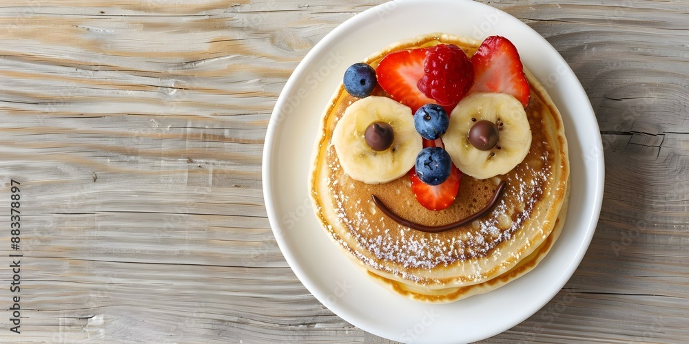 Smiley Face Pancake Plate with Chocolate Chip Eyes and Fruit Toppings. Concept Food, Breakfast, Pancakes, Smiley Faces, Creativity Smiley Face Pancake Plate with Chocolate Chip Eyes and Fruit Toppings. Concept Food, Breakfast, Pancakes, Smiley Faces, Creativity