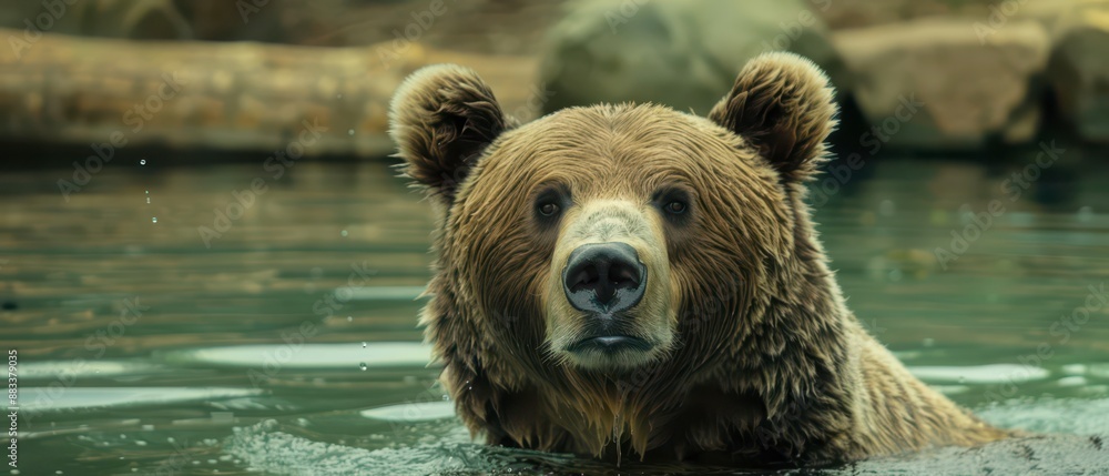 Fototapeta premium Brown Bear Emerging From Water At A Wildlife Sanctuary