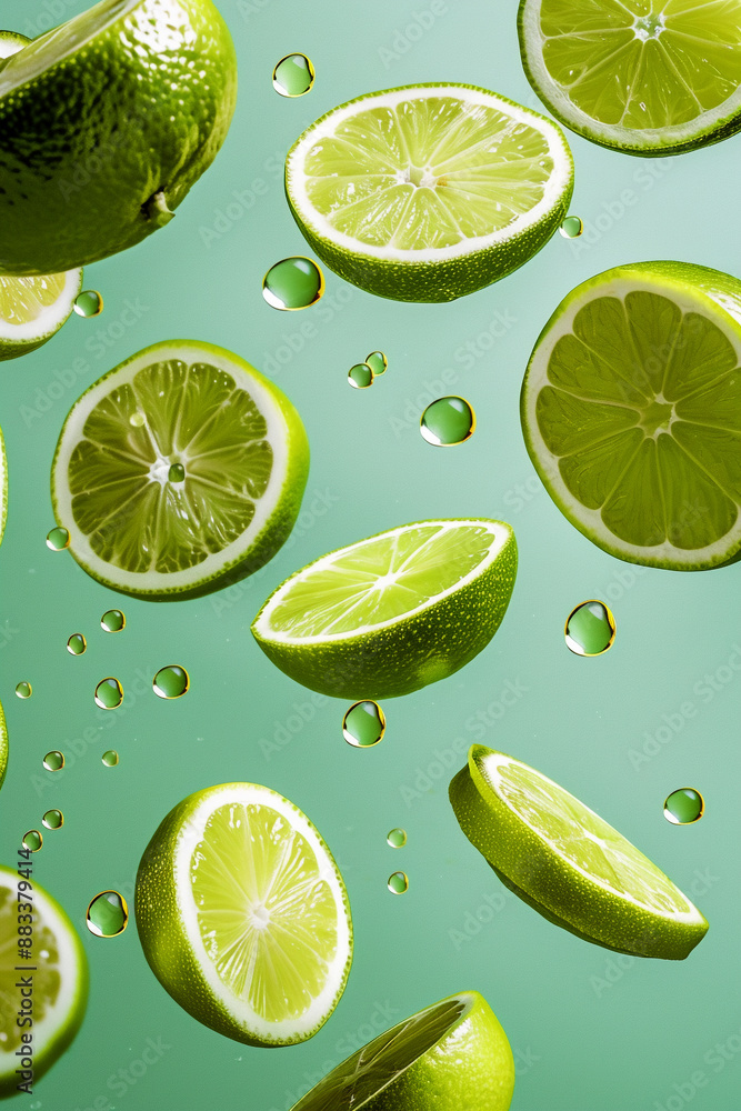 Fresh limes and water drops on a green background. Concept of summer, freshness, citrus fruits, and healthy lifestyle. Fresh limes and water drops on a green background. Concept of summer, freshness, citrus fruits, and healthy lifestyle.