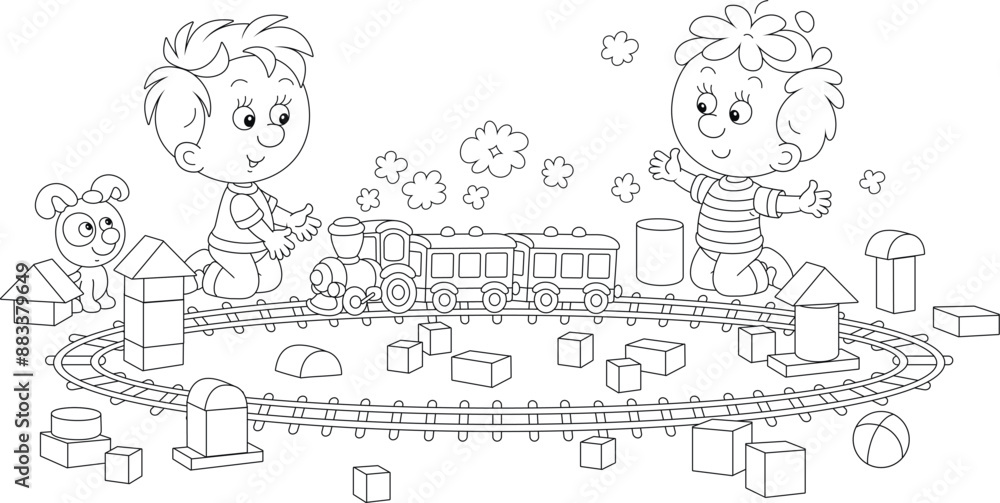 Happy little boys playing with a toy railway train and cubes of different shapes in a playroom, black and white outline vector cartoon illustration for a coloring book Happy little boys playing with a toy railway train and cubes of different shapes in a playroom, black and white outline vector cartoon illustration for a coloring book
