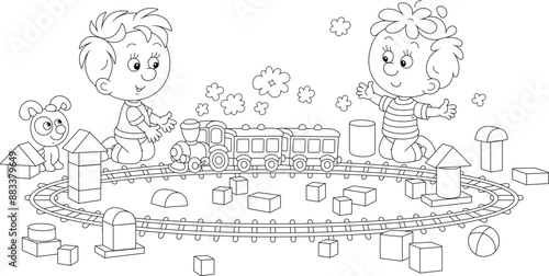 Happy little boys playing with a toy railway train and cubes of different shapes in a playroom, black and white outline vector cartoon illustration for a coloring book