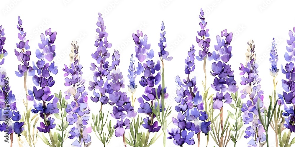 Obraz premium Watercolor lavender bluebells on white background perfect for invitations and cards. Concept Watercolor, Lavender, Bluebells, White background, Invitations