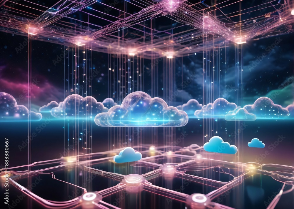 .Cloud computing data storage digital infrastructure futuristic technology circuit board glowing clouds networking information technology data management tech innovation .Cloud computing data storage digital infrastructure futuristic technology circuit board glowing clouds networking information technology data management tech innovation