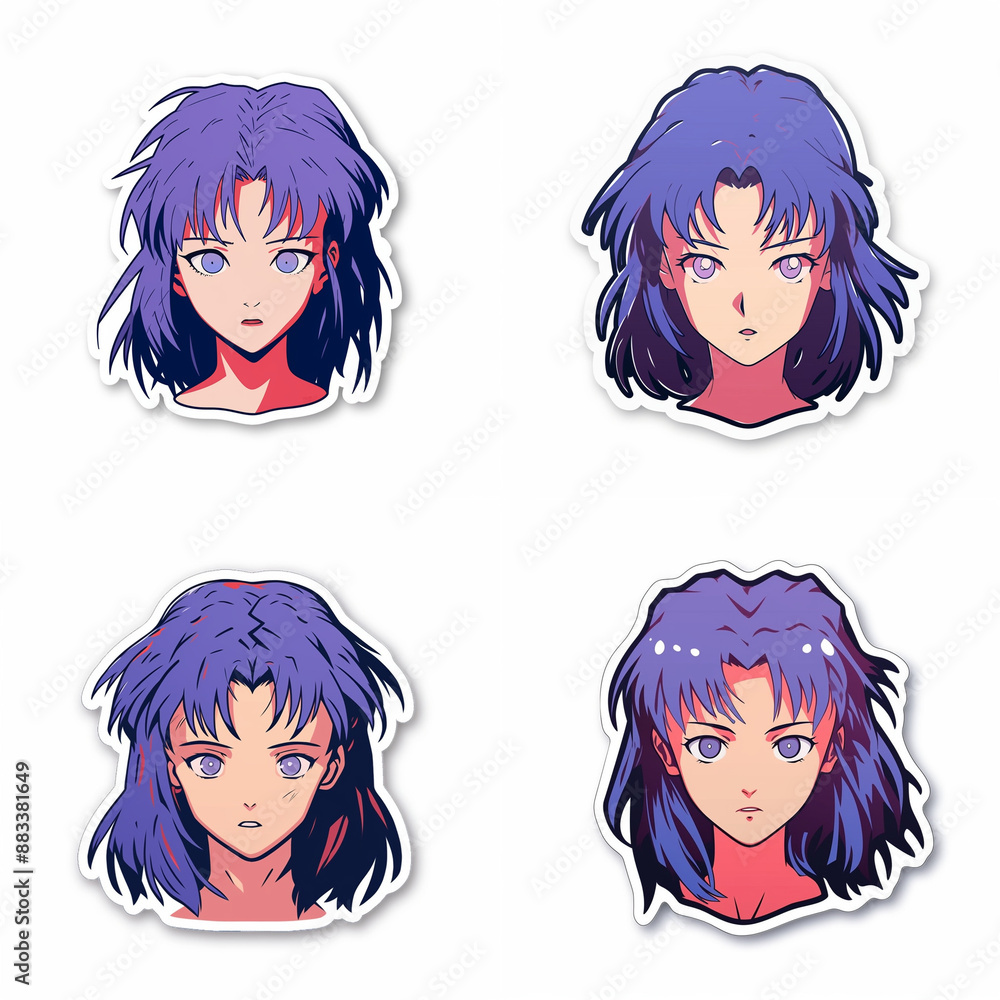 Set of cute blue-haired anime girls on a white bakground. Collection of illustrations for stickers, patches, pins. Set of cute blue-haired anime girls on a white bakground. Collection of illustrations for stickers, patches, pins.