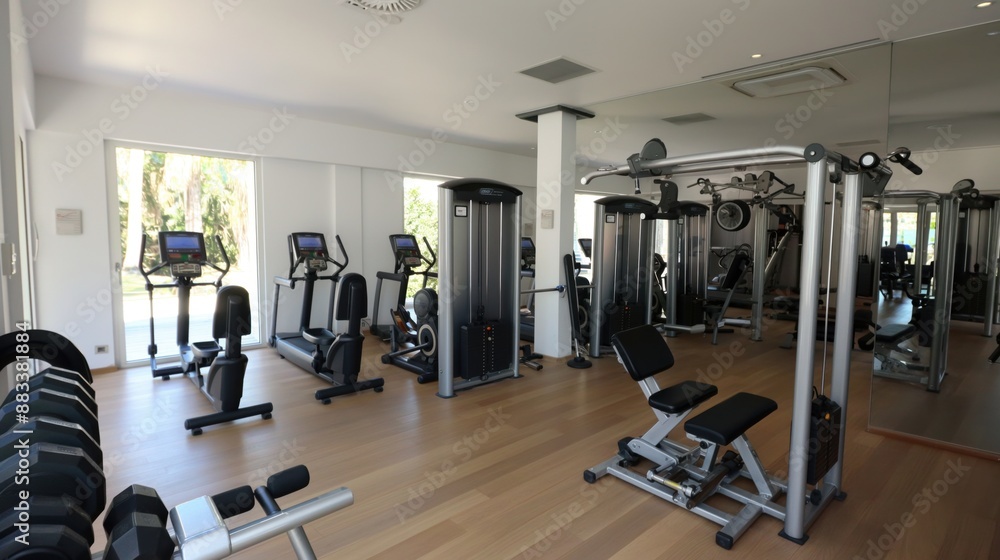 Modern gym interior with various workout machines, weights, and cardio equipment placed on wooden flooring with large windows for natural light. Modern gym interior with various workout machines, weights, and cardio equipment placed on wooden flooring with large windows for natural light.