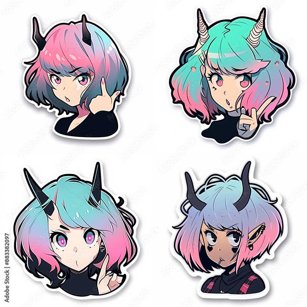 A set of cute anime characters with horns and colorful hair and makeup. Sprite sheet with female anime heroes. A set of cute anime characters with horns and colorful hair and makeup. Sprite sheet with female anime heroes.