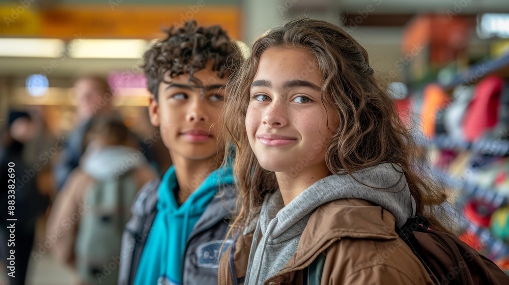 Obraz premium Two multiracial young friends at a lively train station with a blend of modern urban lifestyle and travel themes. Generative ai